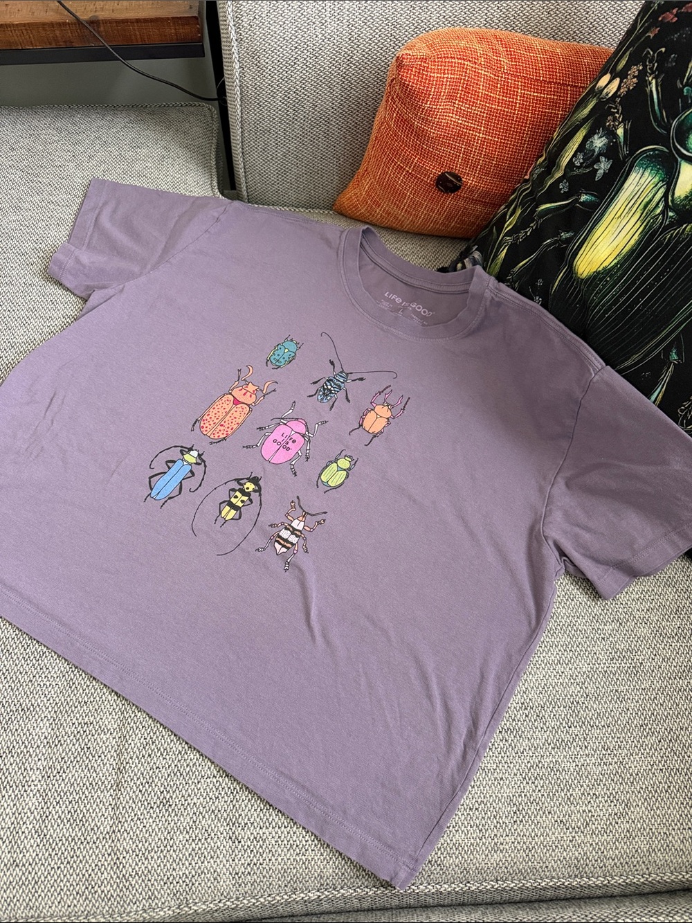 Life Is Good Purple Boxy Tshirt with Multicolor Beetles and Bugs Graphics - Picture 4 of 11